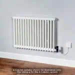 Radiator with digital thermostat control in a modern home setting.