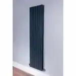 Modern black vertical radiator for heating, sleek design.
