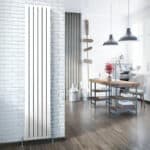 Modern industrial interior with white brick walls, stylish lighting, and wooden accents in a cozy living space.