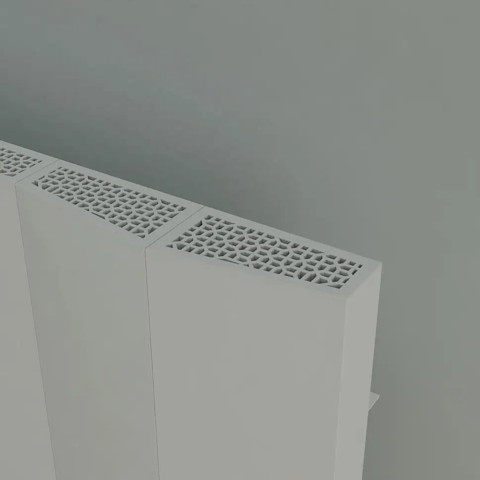 NOTUS V-7 detay Modern white radiator with intricate grille design, ideal for contemporary heating solutions.