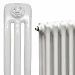 Radiator with white glossy finish, modern central heating system for efficient warmth.