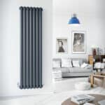 Radiator heating system in modern living room with stylish interior decor.