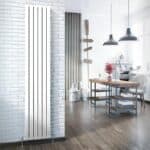 Radiator, modern white wall-mounted panel radiator in minimalist interior, stylish home heating solution, interior design element.