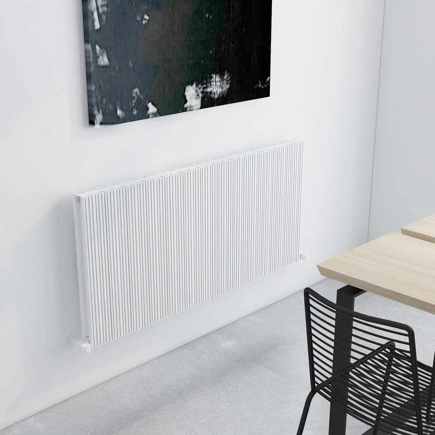 10MND06001230131010_11zon Modern white radiator mounted on a white wall in a minimalist interior setting.
