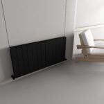 Radiator cover and modern interior design, black radiator cover in a minimalistic room with a wooden chair, clean and contemporary decor, POSH Rad's heat protection products.