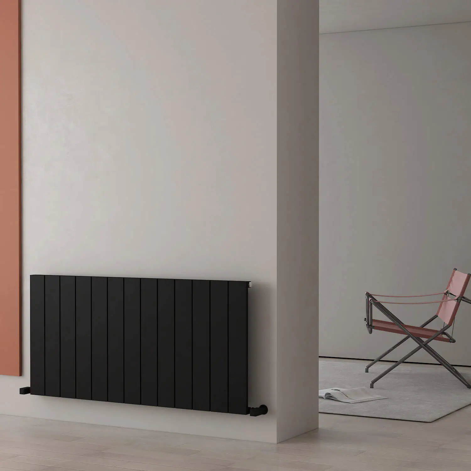 10NMO06001230131110_11zon Radiator with modern black design in minimalist interior decor.