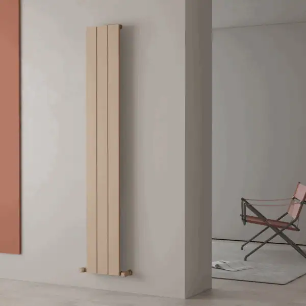 Radiator, modern wall-mounted heater, beige interior design feature, sleek radiator design, contemporary home heating solution.