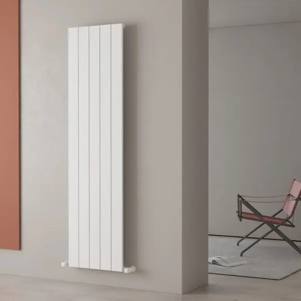 Modern white vertical radiator for home heating, sleek wall-mounted design.