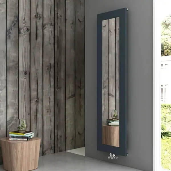 Radiator with wooden shelf and mirror, modern home decor, interior design, stylish heating solution, wooden accents.