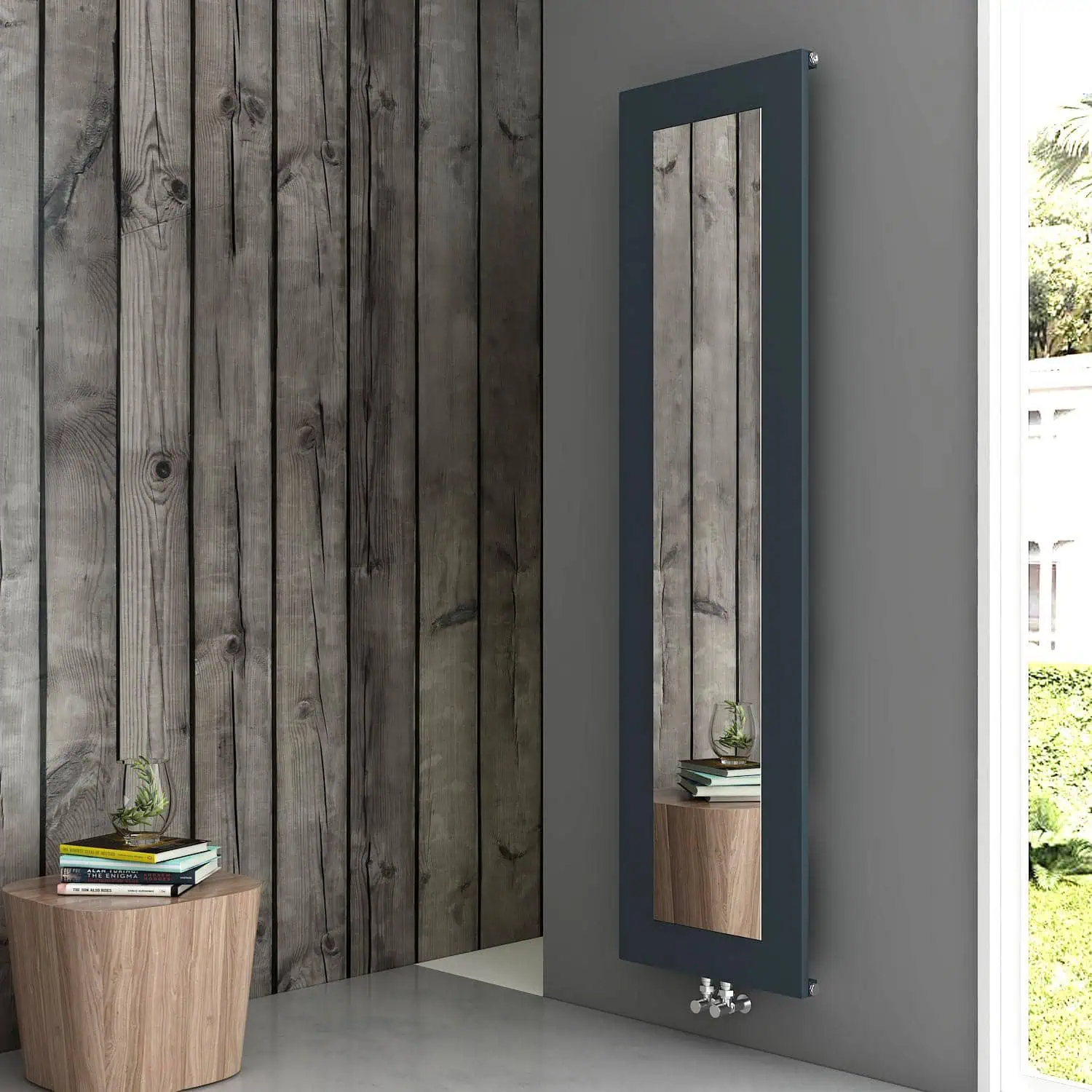 10QUA18000470051411_11zon (1) Radiator with wooden shelf and mirror, modern home decor, interior design, stylish heating solution, wooden accents.