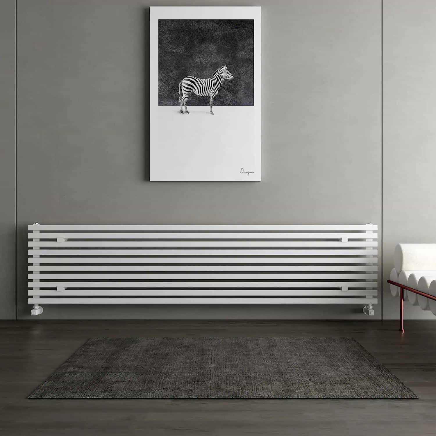 10SXL04151800101010_11zon Shelf radiator in modern interior with zebra wall art and gray walls.