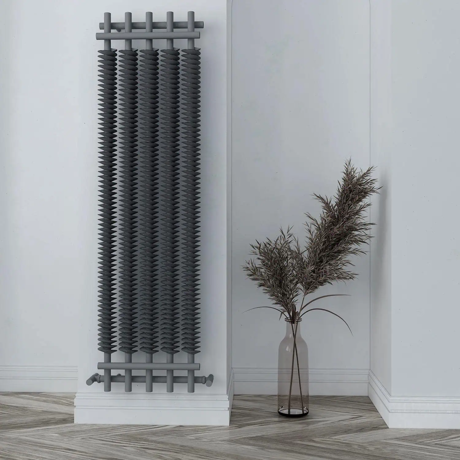 12DOR18000490051310_11zon Modern designer radiator with a matte black finish in a white minimalist interior.
