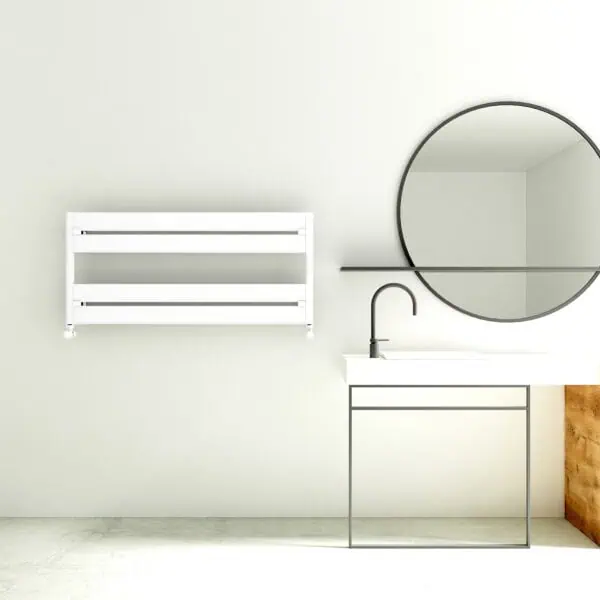 Modern white heated towel rail in bathroom, sleek minimalist design, stylish home heating solution.