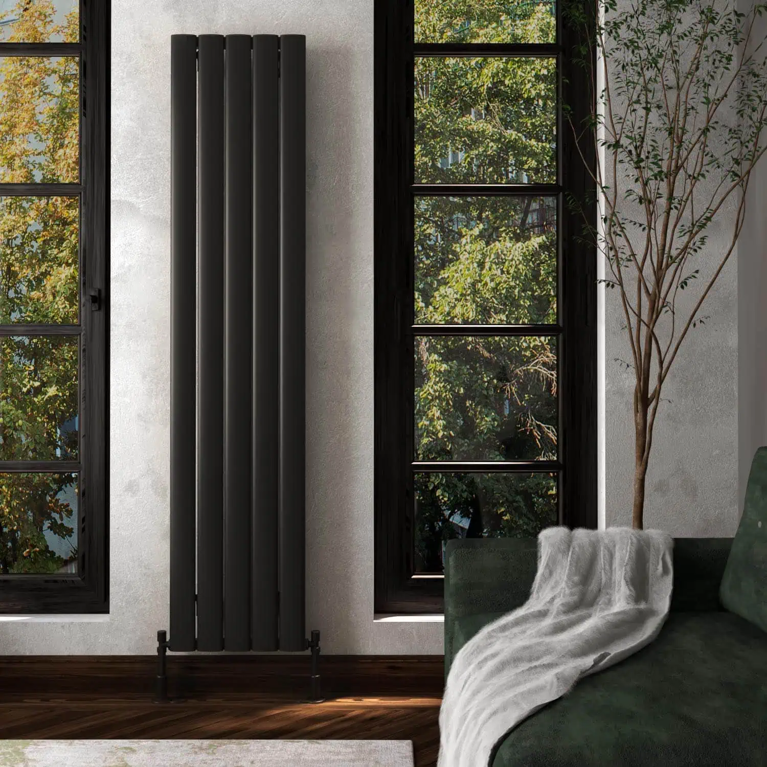 395x1800 txb Modern black vertical radiator in a stylish interior setting.