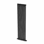 Black vertical radiator for modern home heating, stylish and energy-efficient design.