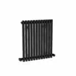 Black metal slatted radiator cover for modern home decor.