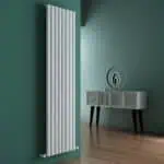 Vertical modern radiator in a stylish interior setting.