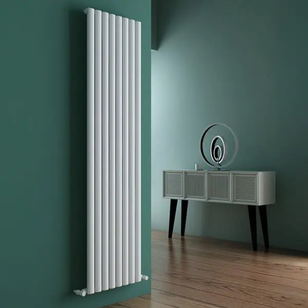 Vertical modern radiator in a stylish interior setting.