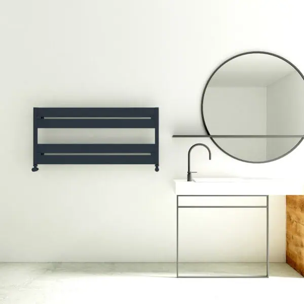 Modern heated towel rail in navy blue for bathrooms and kitchens | Poshrads.