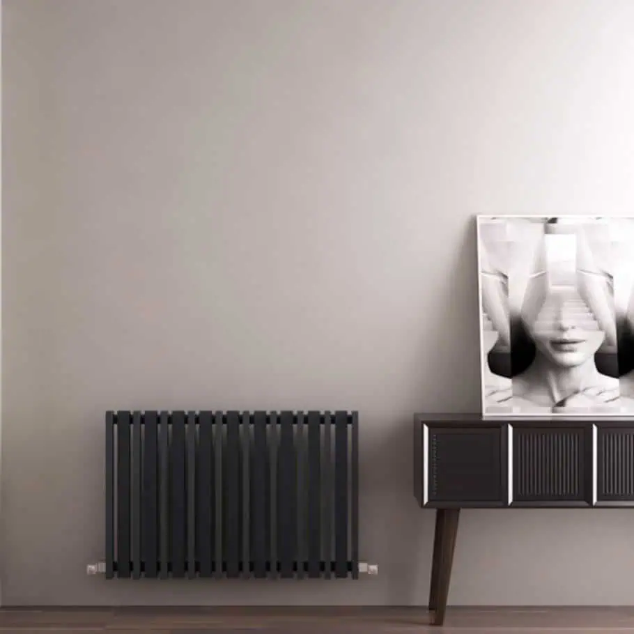 BRK0550083019-TXA-F Modern black radiator with wooden console and abstract art wall decor for minimalist home design.