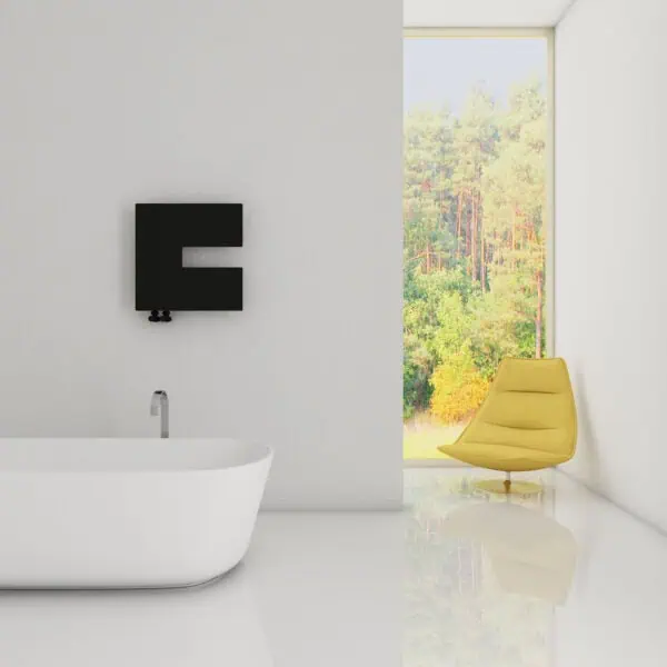 Modern minimalist bathroom with free-standing bathtub and yellow lounge chair near large window.