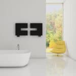 Minimalist modern bathroom with black wall art, white bathtub, and yellow accent chair by large window.