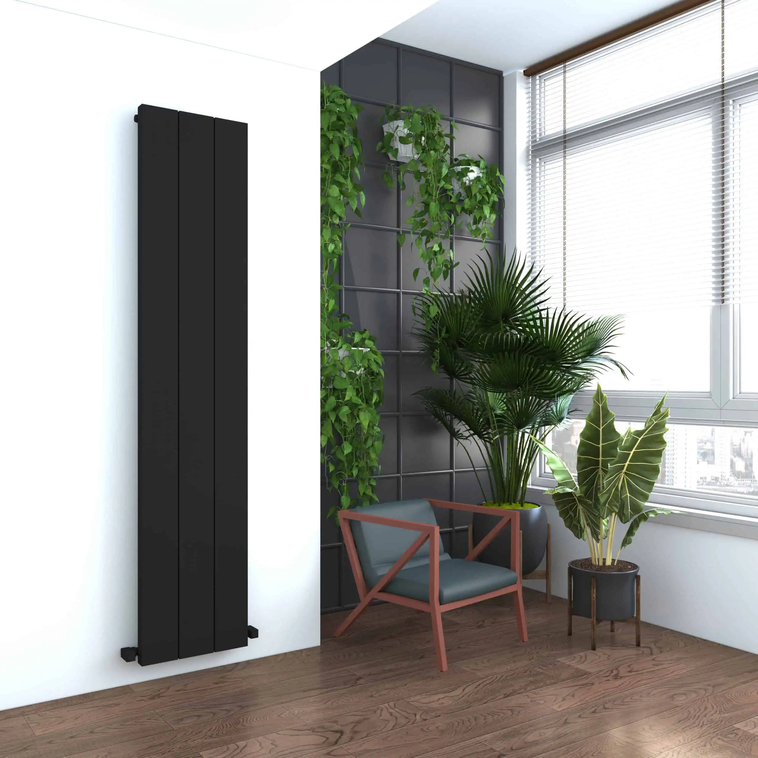 ELVINO-1800X370-TXB Modern eco-friendly radiator with plant decor in stylish interior design.
