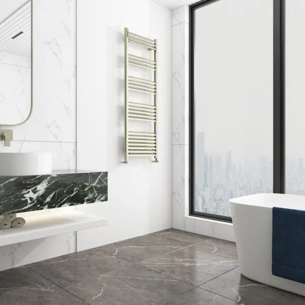 Modern bathroom with sleek black marble vanity, heated towel rail, and panoramic city views.