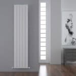 Radiator heating panel in modern interior design, white vertical panel in a cozy living room.