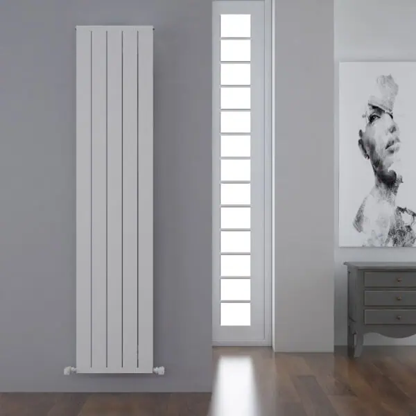 Radiator heating panel in modern interior design, white vertical panel in a cozy living room.