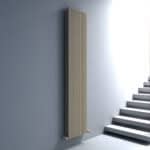 Minimalist vertical radiator in modern interior setting.