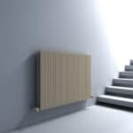 Sleek modern radiator with wooden slats in a minimalist interior setting.