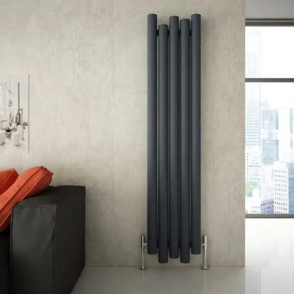 Sleek modern black radiator in contemporary living room with city view.