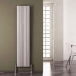 Radiator heating panel in modern interior, minimalistic home decor, wall-mounted vertical radiator for efficient heat distribution, stylish heating solution.