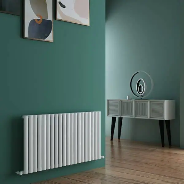 Radiator and modern decor in stylish living room interior.
