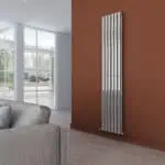 Radiator heating system in modern living room, contemporary home decor, efficient heating solution.