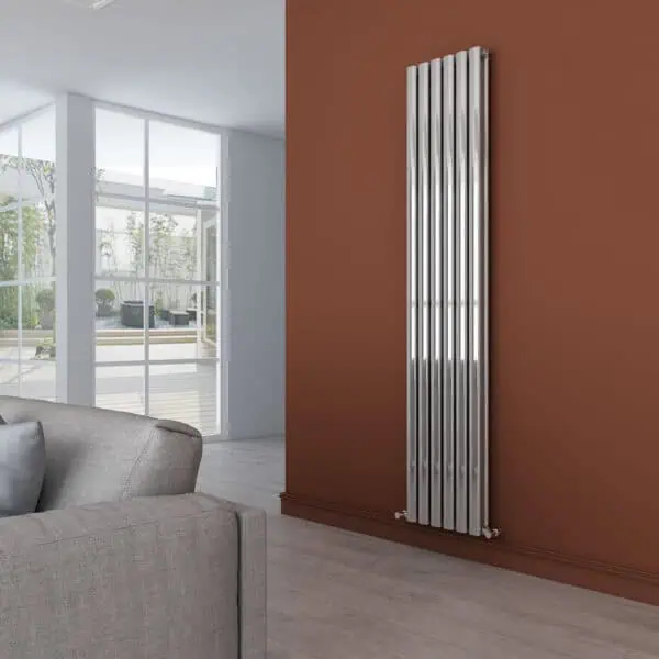 Radiator heating system in modern living room, contemporary home decor, efficient heating solution.