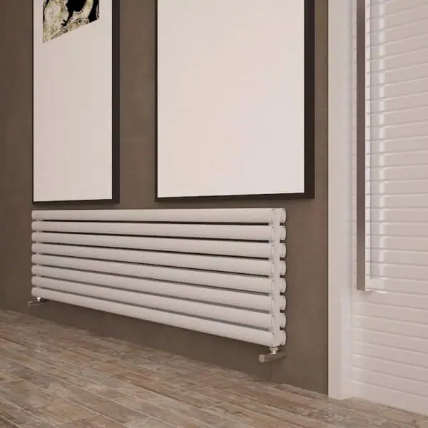 White modern radiator heating system in interior decor, stylish and efficient home heating solution.