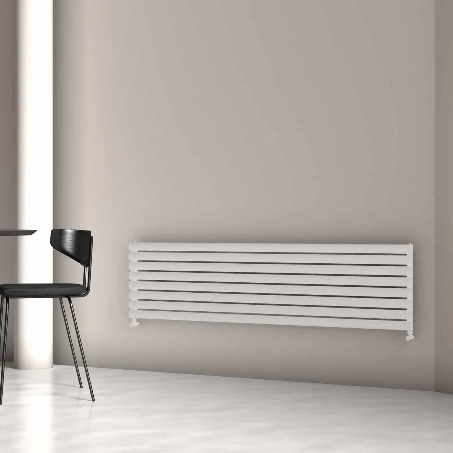 TALLIS XL 470X1800X8 TXW Contemporary white horizontal radiator mounted on a beige wall in modern interior design.