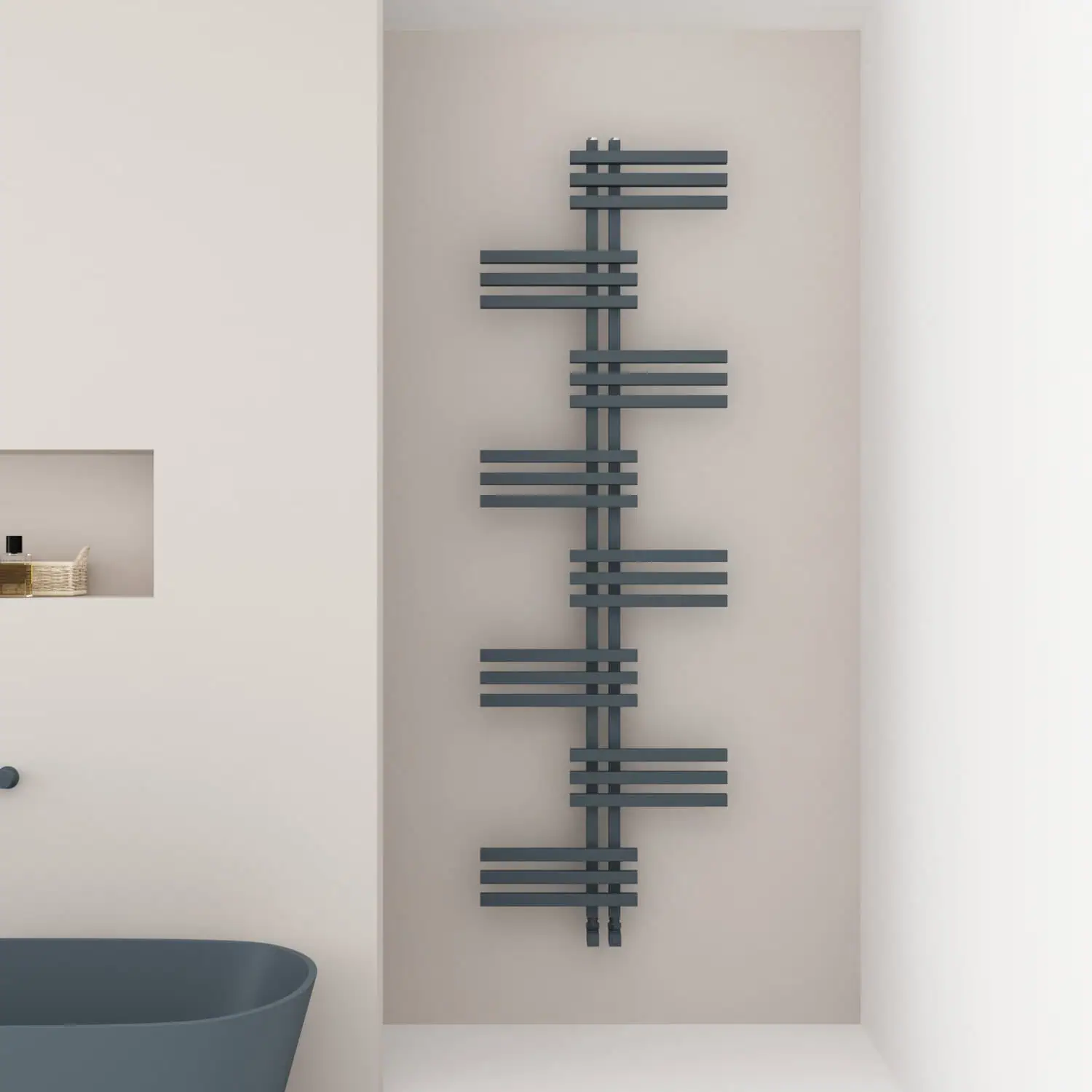UNI 1740X0500X24 TXA Contemporary wall-mounted radiator in a modern minimalist bathroom, dark grey finish.