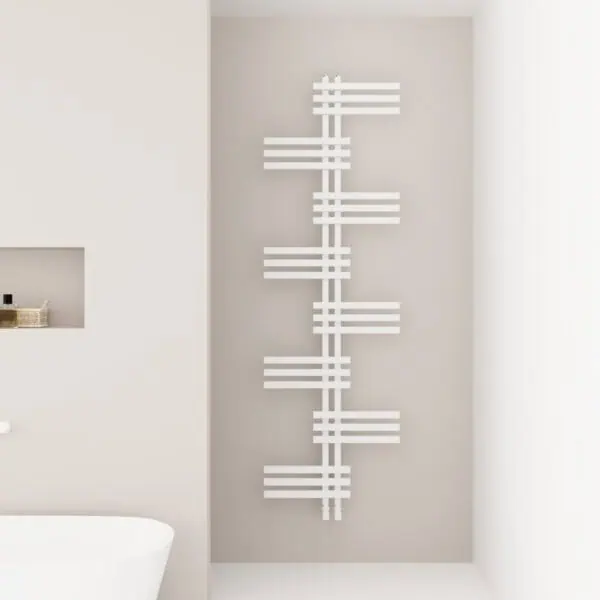 Stylish modern white radiator with unique geometric design for contemporary home decor.