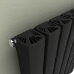 Vintage black radiator with modern design and vented cover.