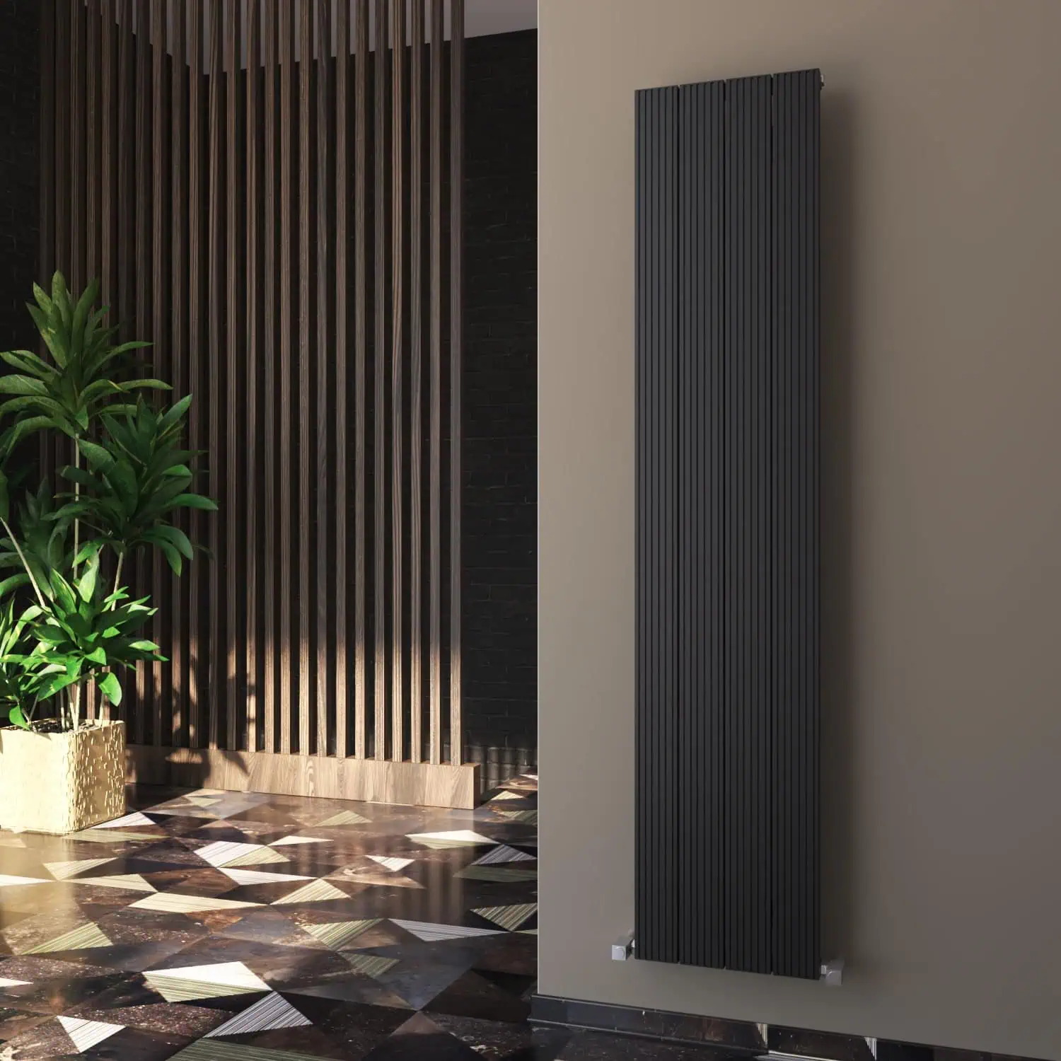 monza 375x1800 txb-min Stylish black vertical radiator in modern interior setting.