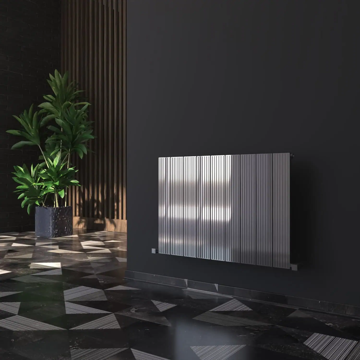 monza 850x600 pls-min Modern black radiator with a sleek design in a stylish interior setting.