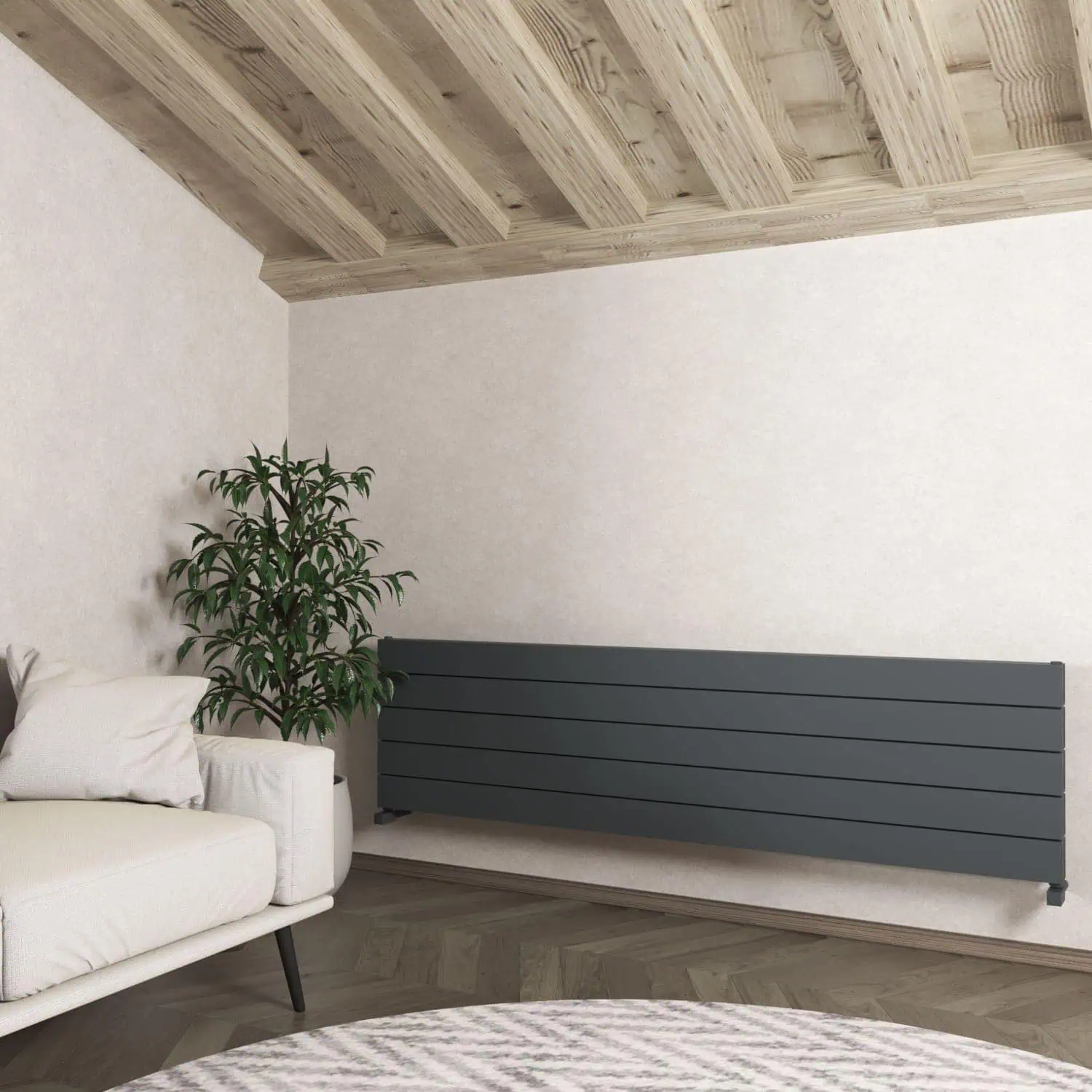 nemo double xl 1800x470 txa Modern living room with stylish grey radiator and wooden ceiling.