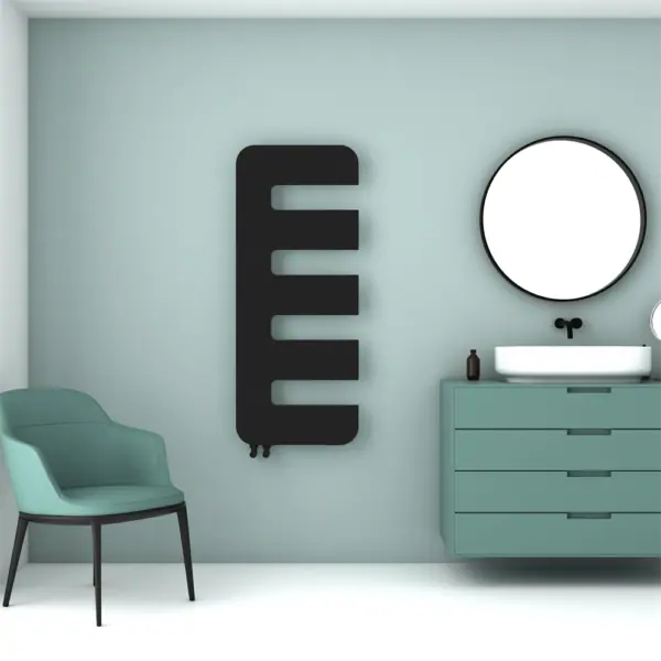 Contemporary bathroom interior with modern black radiator, round mirror, and minimalist vanity.