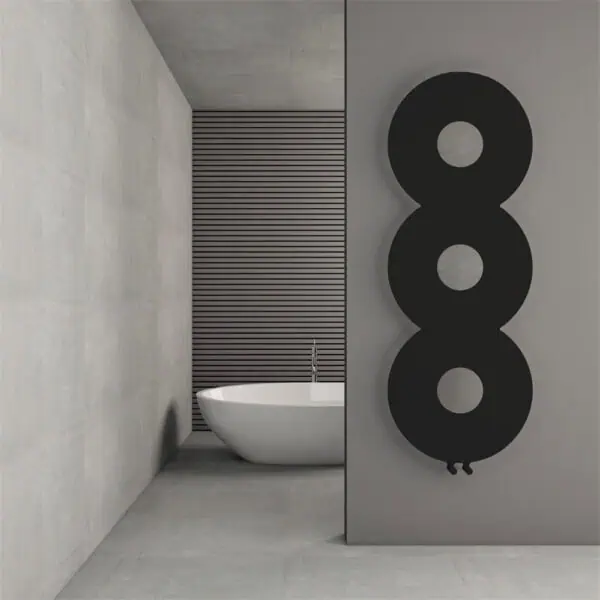 Sleek modern bathroom with freestanding bathtub and minimalist design.