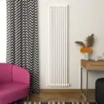 Modern vertical white radiator in contemporary living space background.