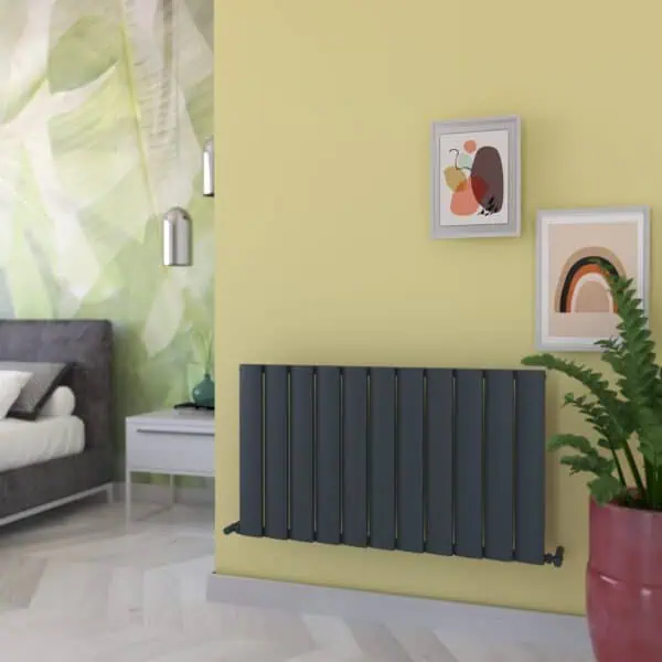 Modern living room with a sleek wall-mounted radiator in a stylish home decor setting.