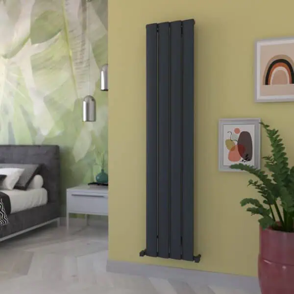 Modern black vertical radiator in stylish living room decor.